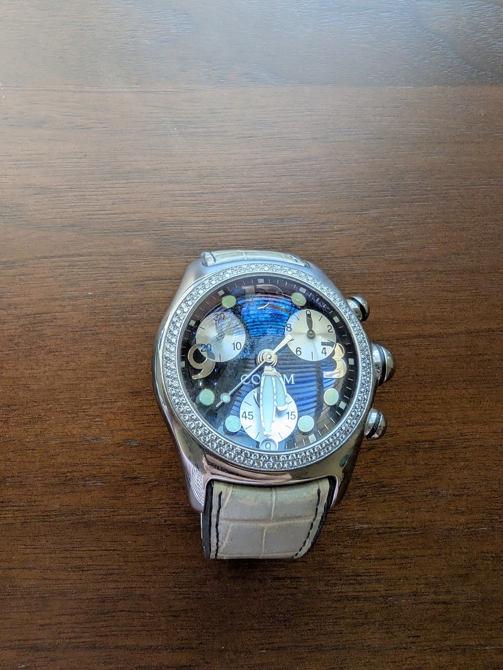 Corum Boutique Bubble Quartz Chronograph Black/Silver Dial SS Case White Leather